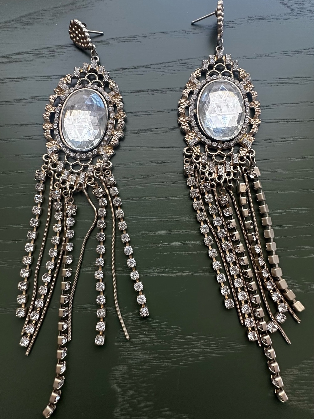Silver tone Crystal Oval Fringe Drop Earrings